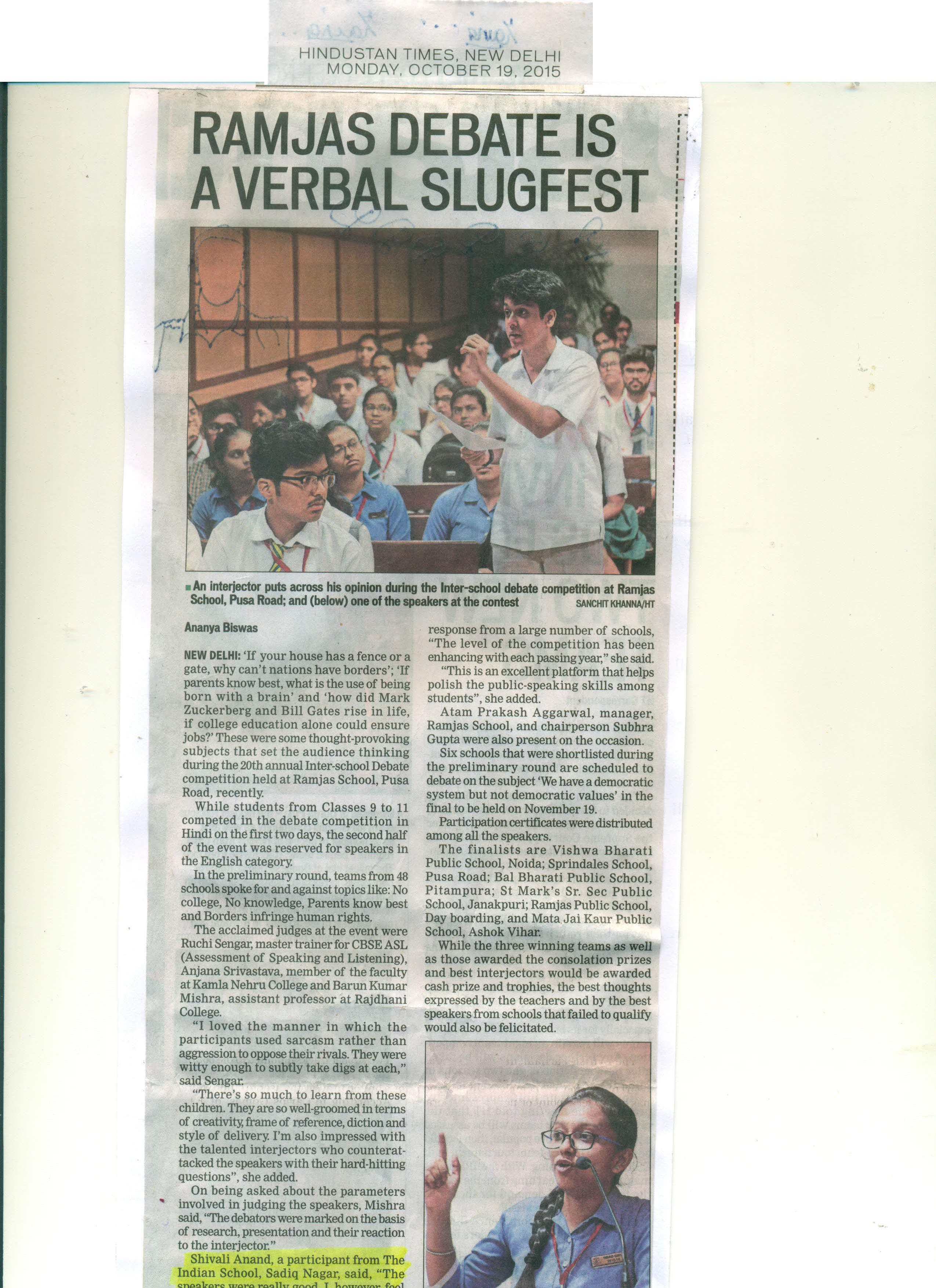 HINDUSTAN TIMES, MONDAY, 19 OCTOBER 2015