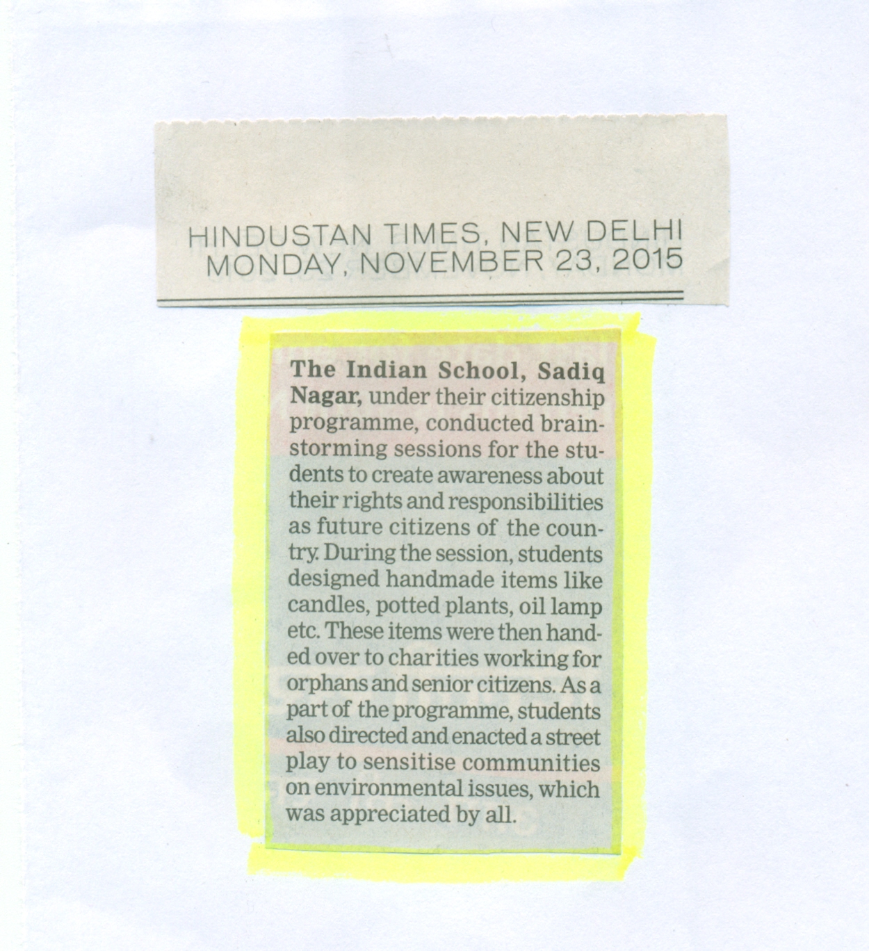 HINDUSTAN TIMES, MONDAY, 23 NOVEMBER 2015