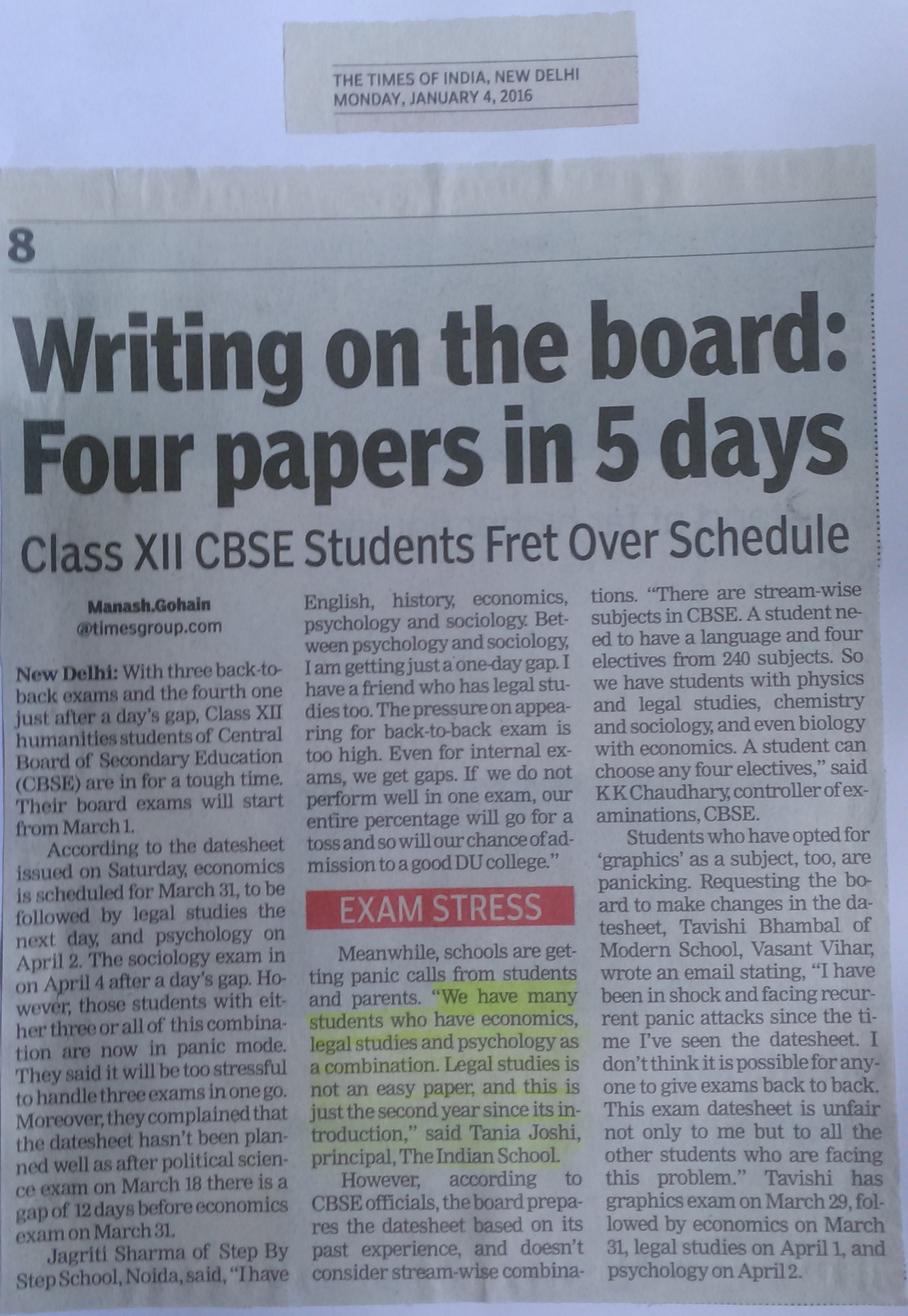 THE TIMES OF INDIA, MONDAY, 4 JANUARY 2016